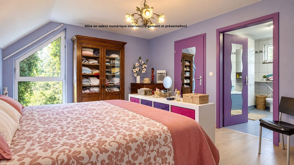 Chambre parentale — Mise en valeur numérique intérieur (rangement et présentation)