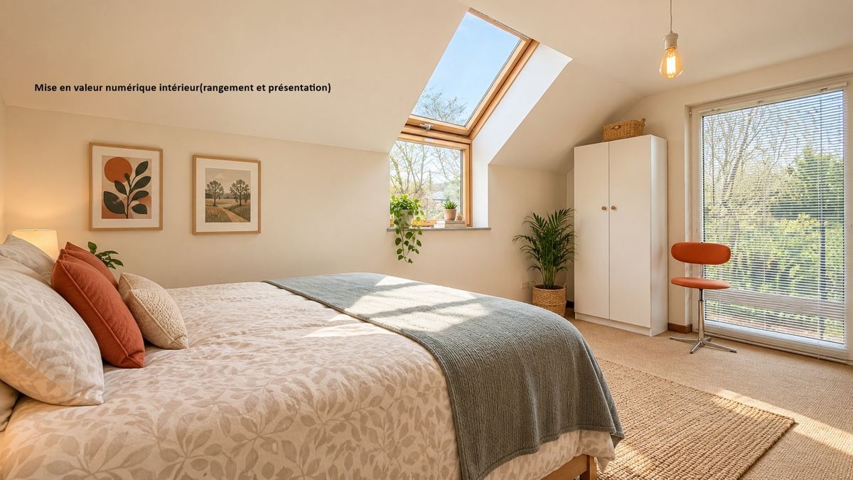 Chambre sous toiture — présentation mise en valeur — Mise en valeur numérique intérieur (rangement et présentation)