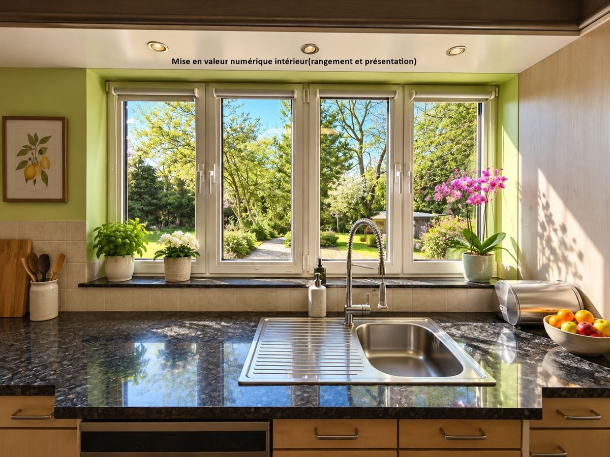 La cuisine côté jardin — Mise en valeur numérique intérieur (rangement et présentation)
