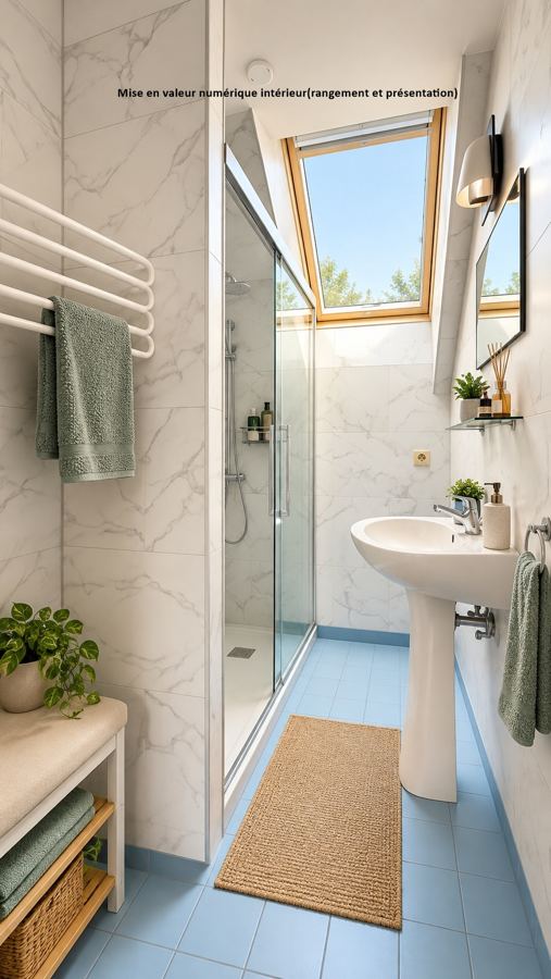 Salle de douche sous toiture — Mise en valeur numérique intérieur (rangement et présentation)