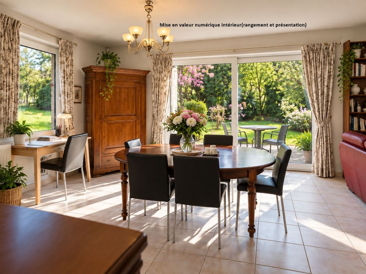 Une salle à manger baignée de lumière — Mise en valeur numérique intérieur (rangement et présentation)